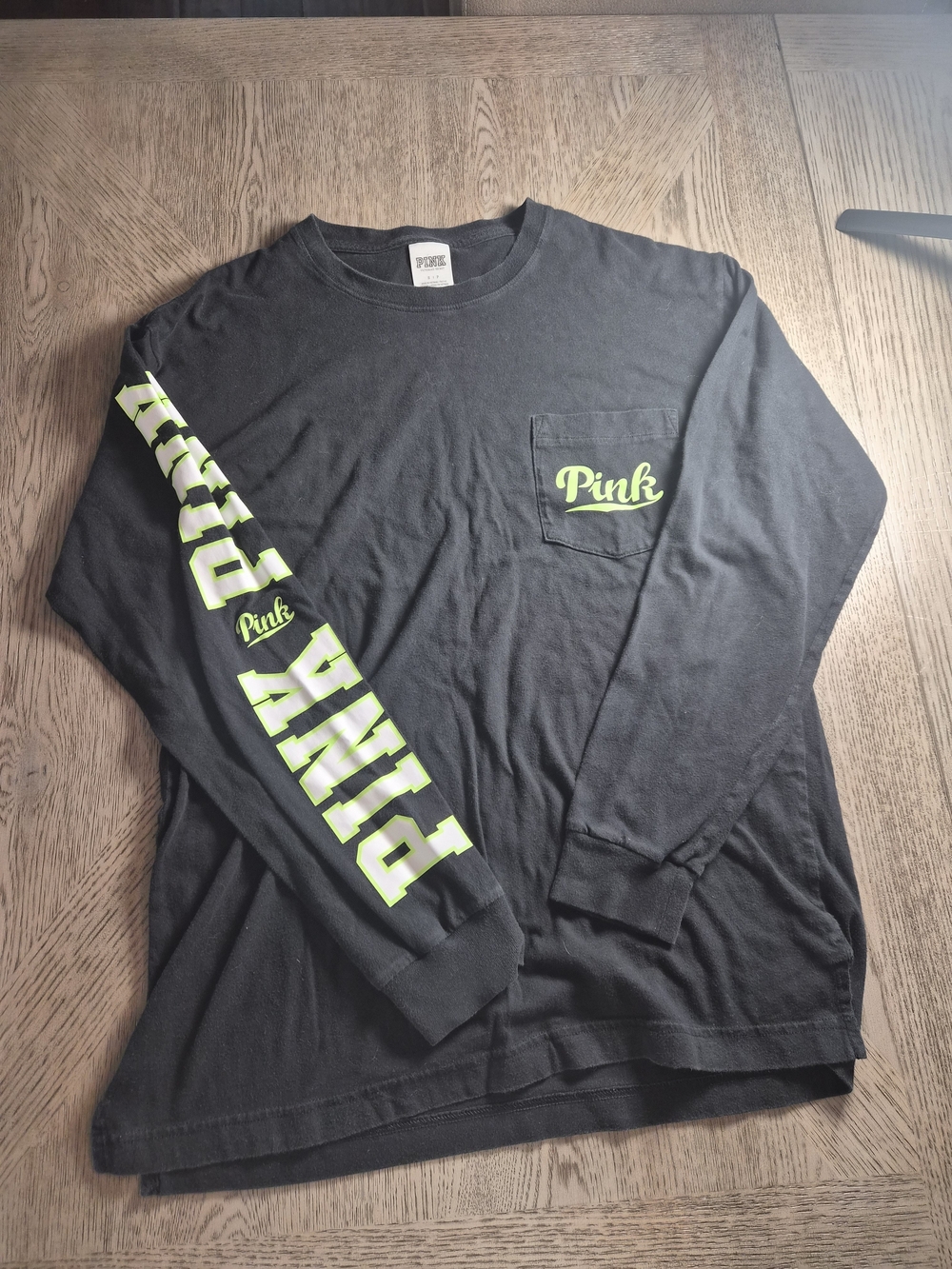 PINK Victoria's Secret Black Long-Sleeve Tee with Neon Yellow Logo